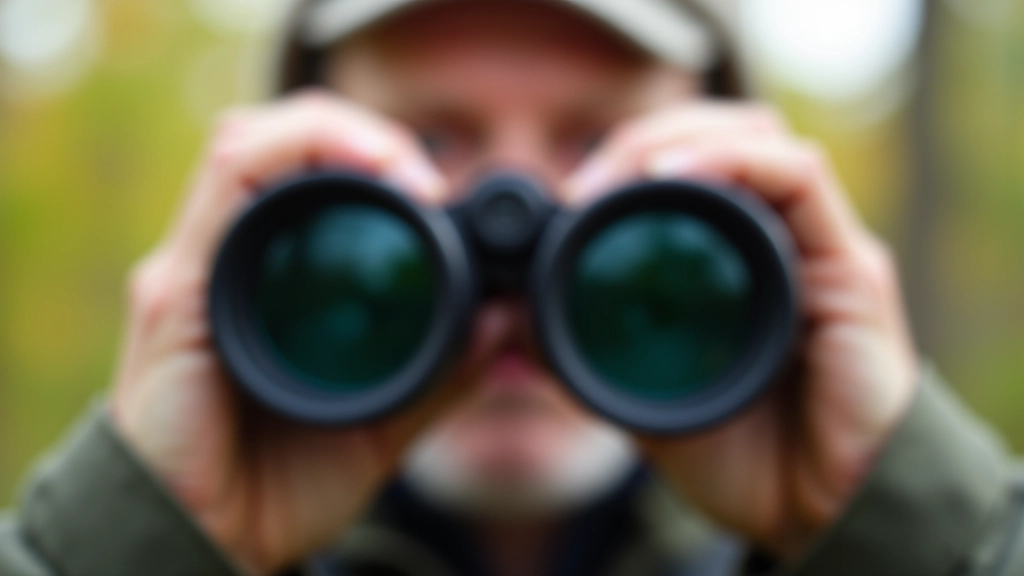 Pažemėtas objektyvas, kur matomas žmogaus padidinimas per binoklių lentes, gerai susikaupęs detalėse